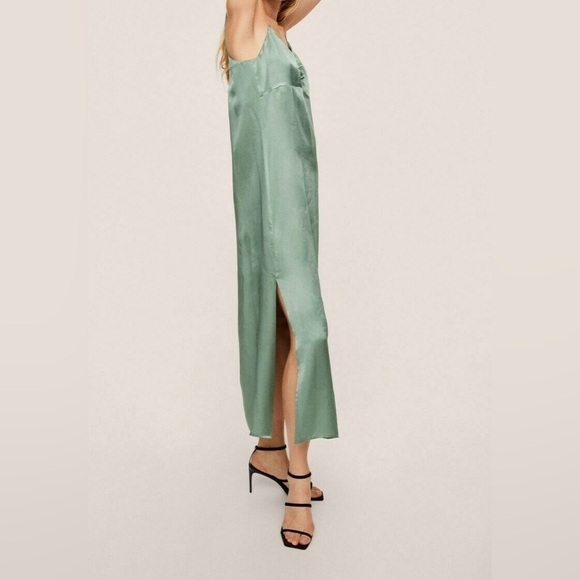 NWT,Mango MNG, Green Dress Elegant Green Satin Slip Dress,Side Splits,Size L - Picture 5 of 14